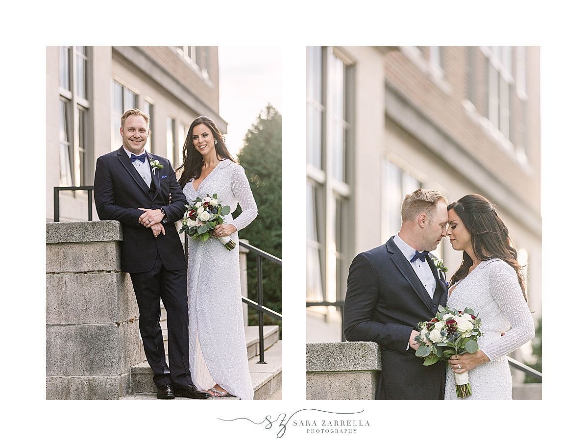 bride and groom pose on steps in Providence RI