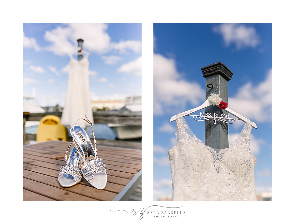 bride's details on docks at Newport Marina