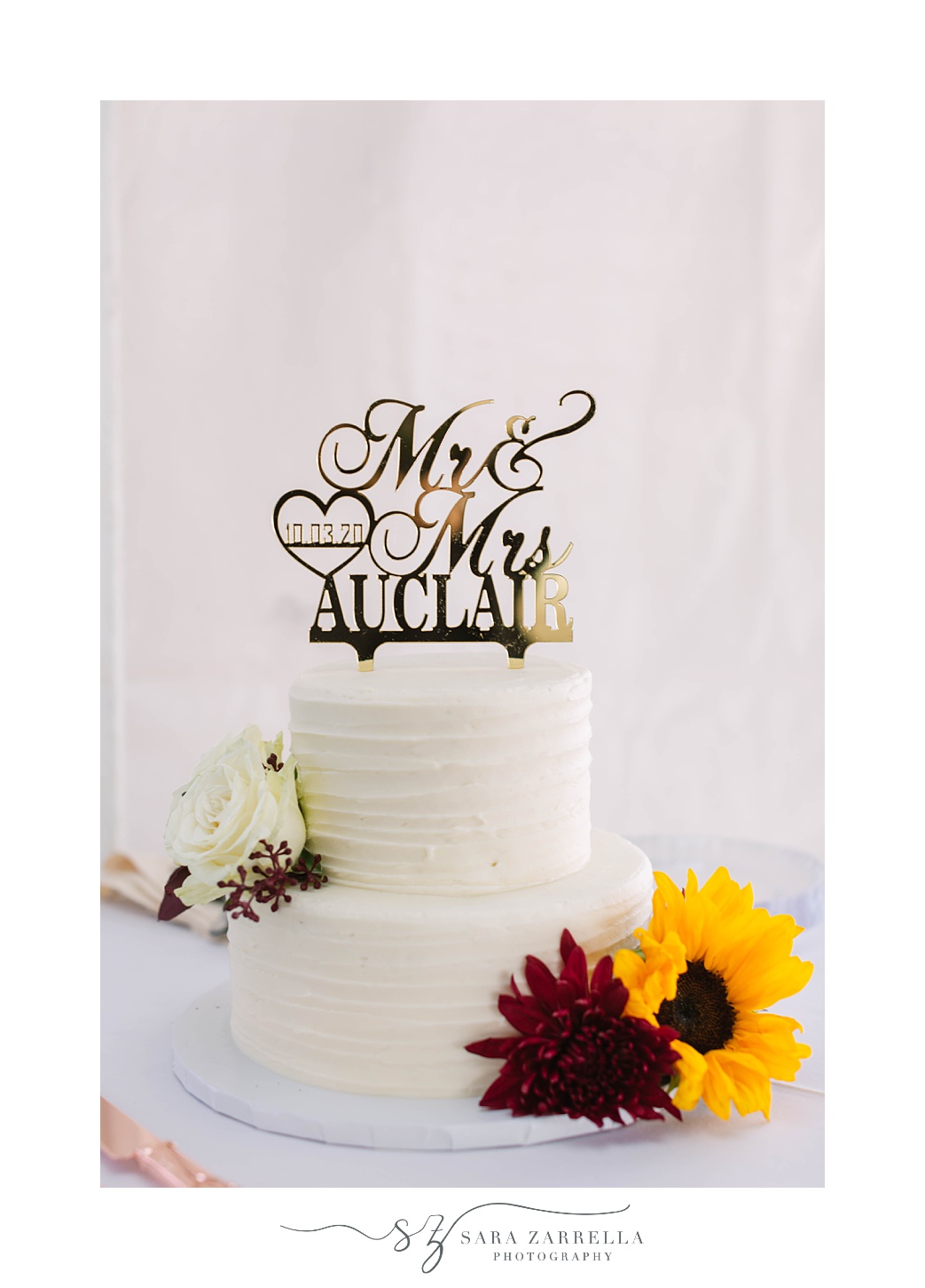 wedding cake with sunflowers accents for Warwick RI wedding