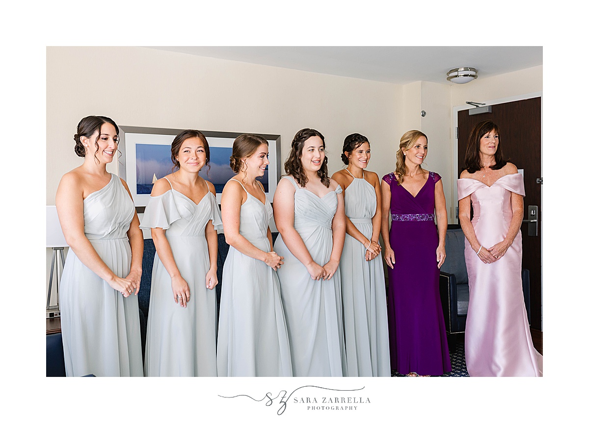 first look with bridesmaids before Blithewold Mansion wedding