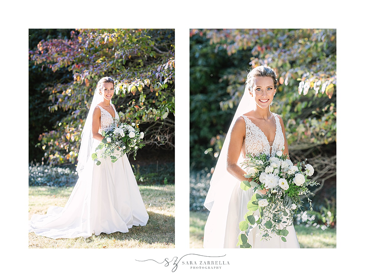 classic wedding portraits of bride at Blithewold Mansion