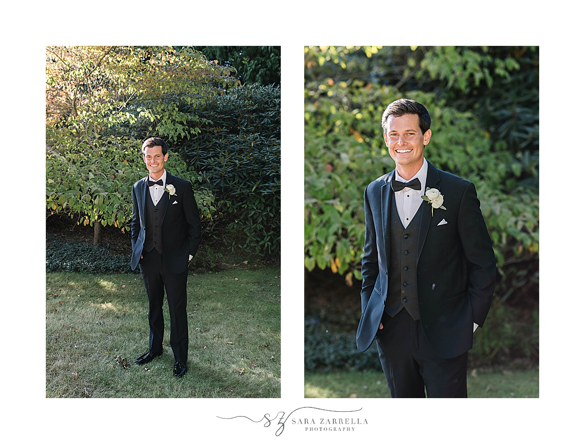 groom in classic black tux poses for RI wedding portraits