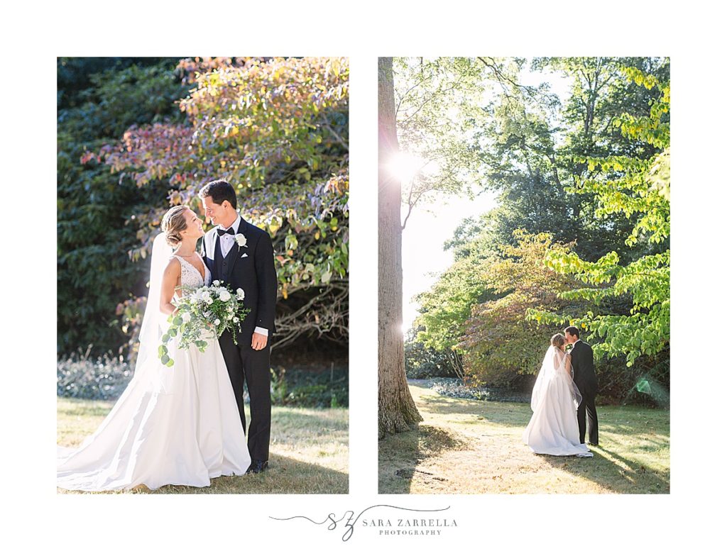bride and groom walk through gardens at Blithewold Mansion