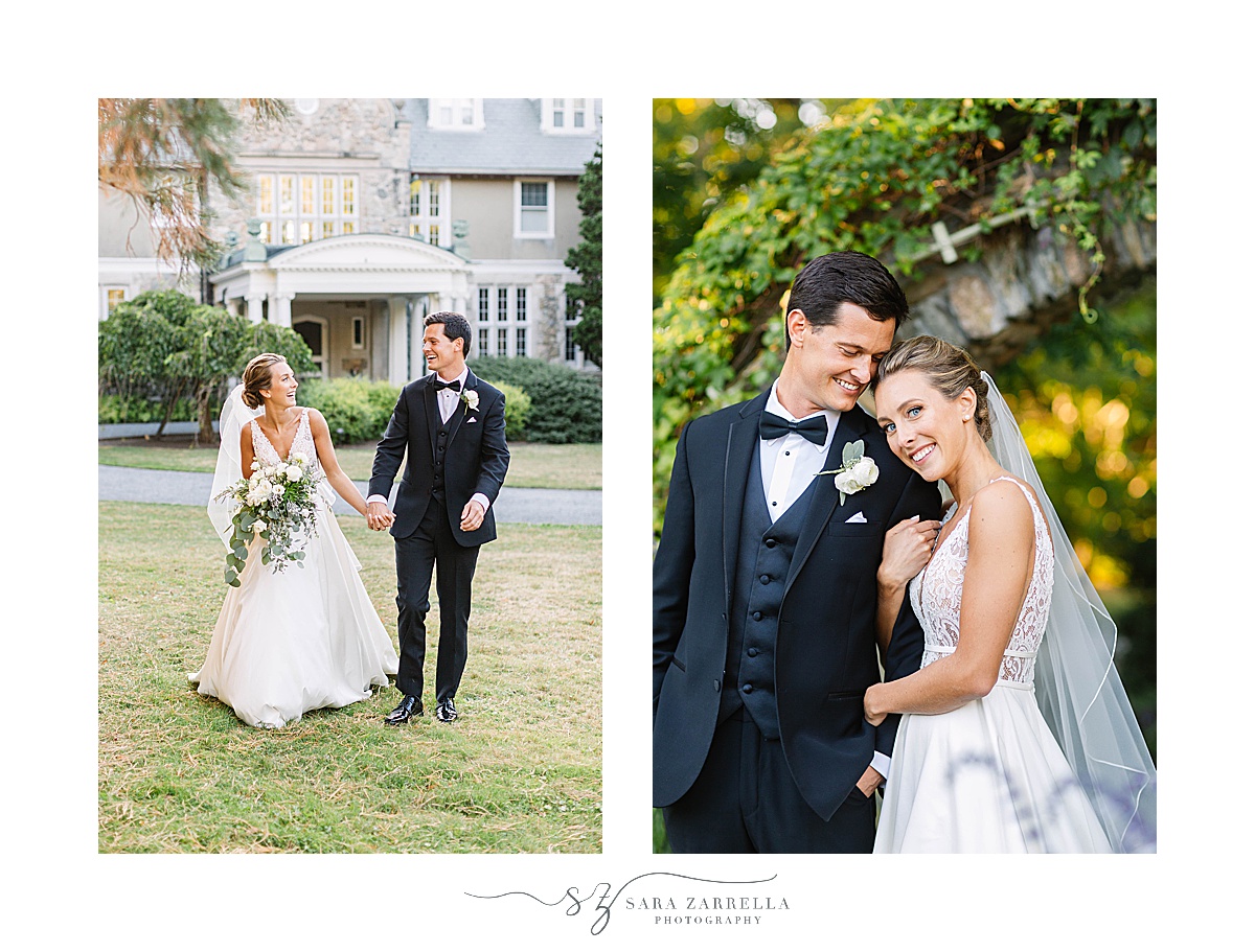 bride leans against groom during Rhode Island wedding photos on lawn at Blithewold Mansion