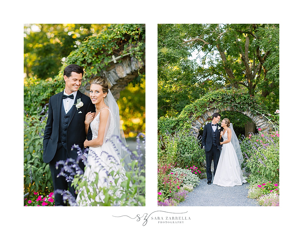 bride and groom pose in gardens of Blithewold Mansion
