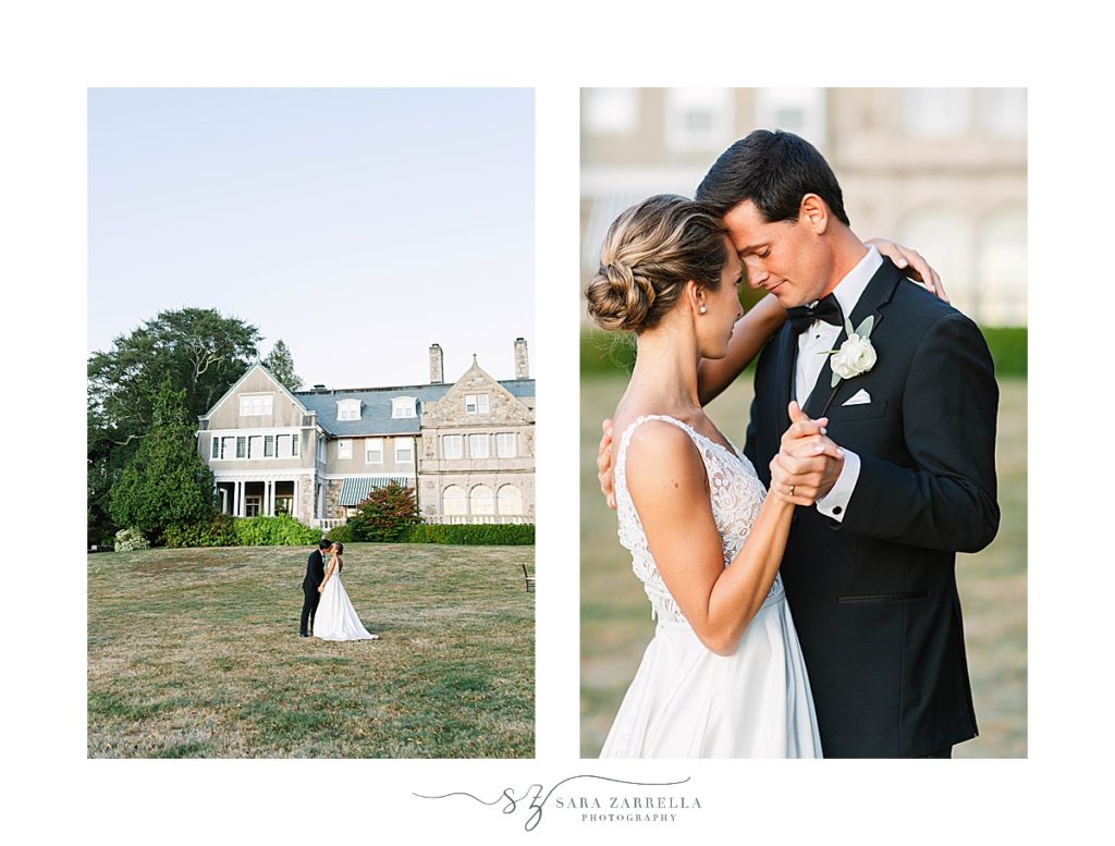 bride and groom pose on lawn at Blithewold Mansion