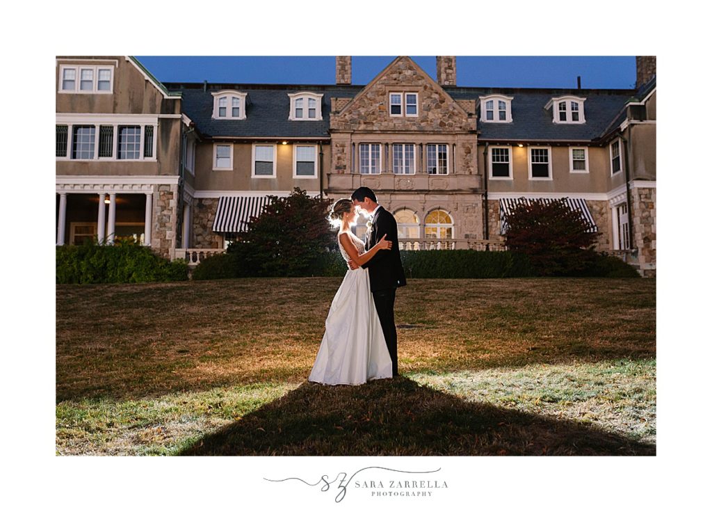 nighttime portraits in front of Blithewold Mansion