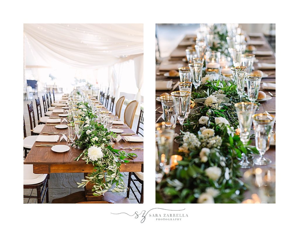 wedding reception details with greenery runner