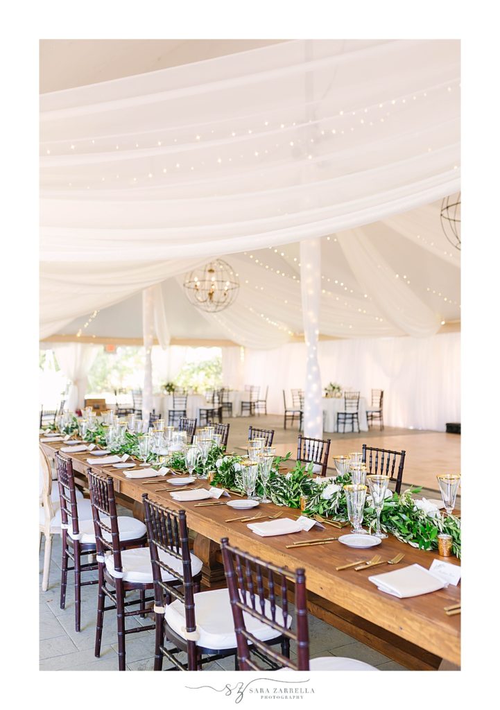 tented wedding reception with elegant details at Blithewold Mansion