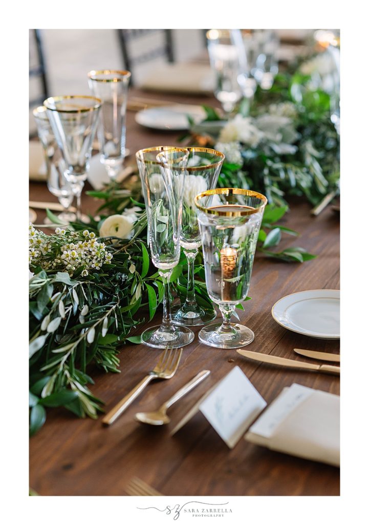 Blithewold Mansion wedding reception details with gold and green pieces
