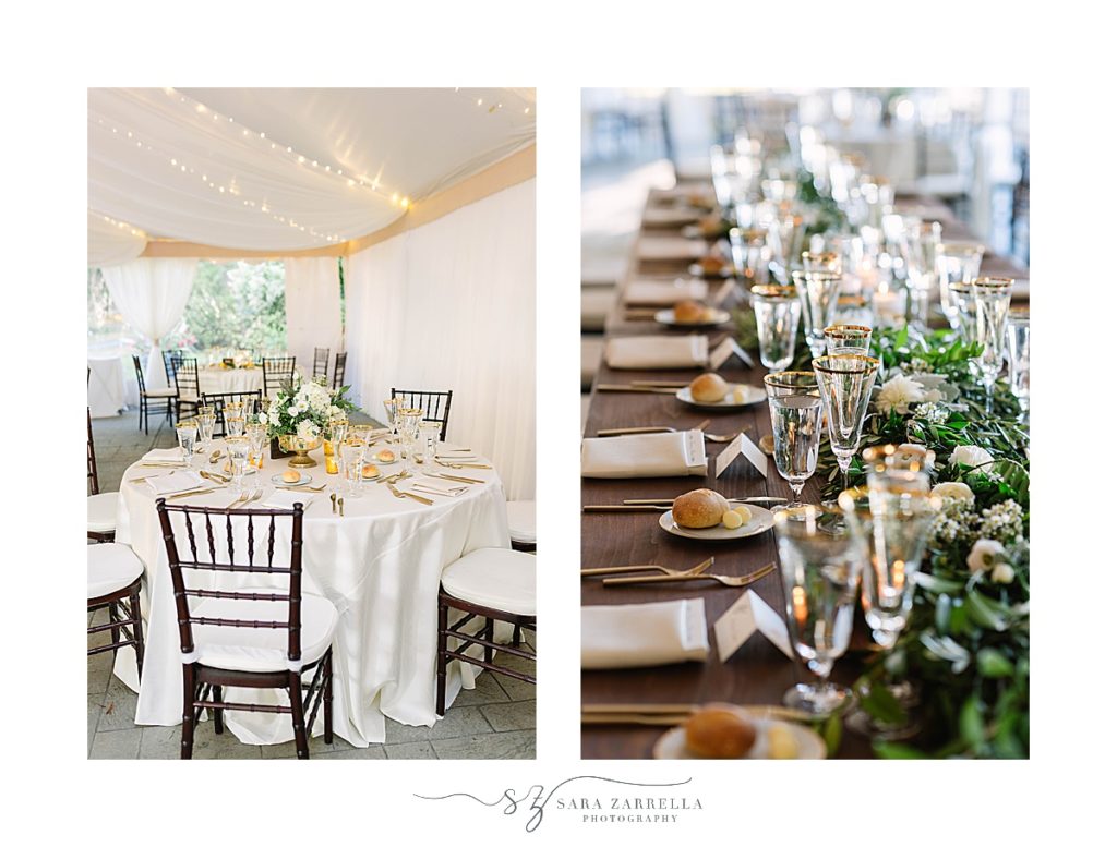 RI wedding reception table with greenery