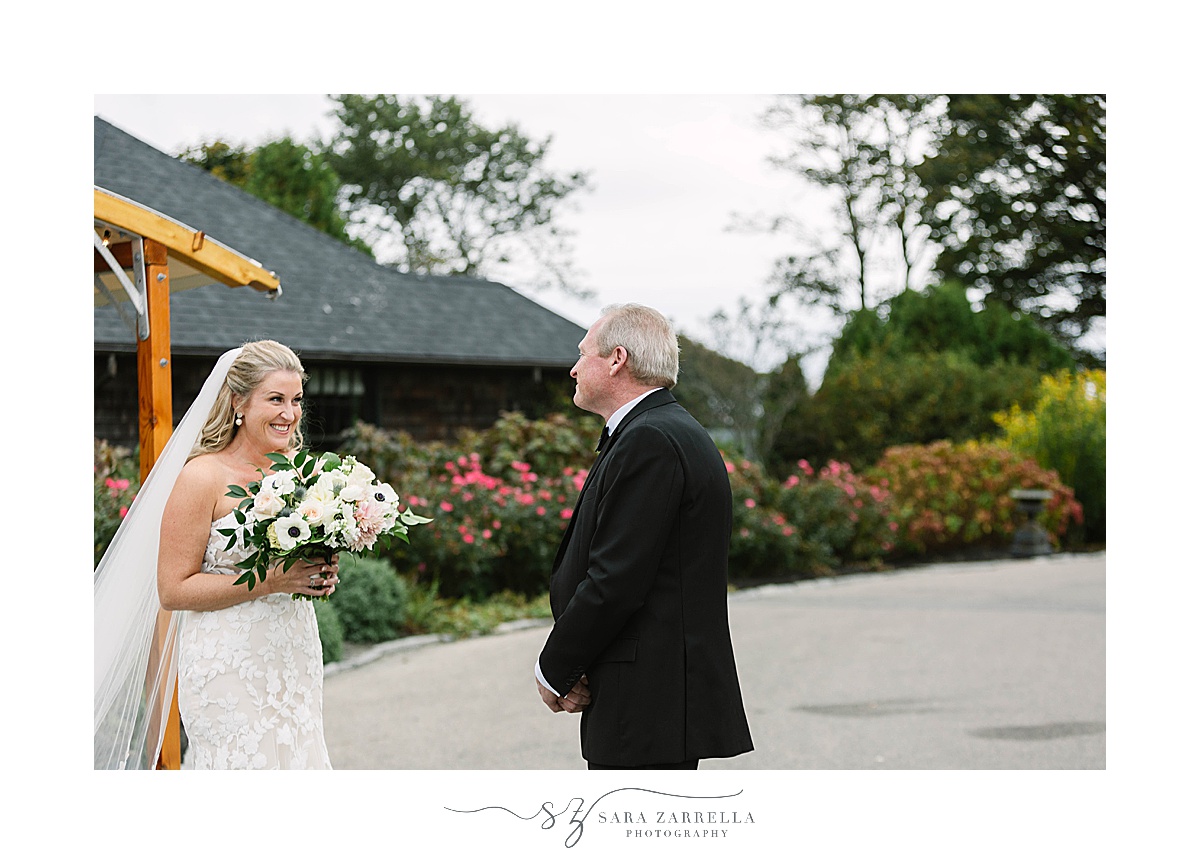 bride and dad have first look in Rhode Island