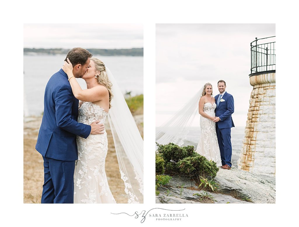 newlyweds kiss by Castle Hill Lighthouse