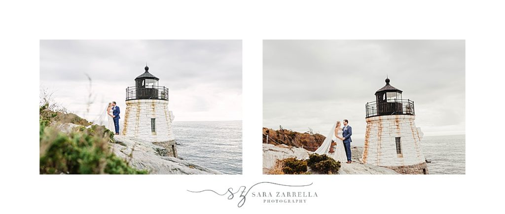 newlyweds pose next to Castle Hill Lighthouse