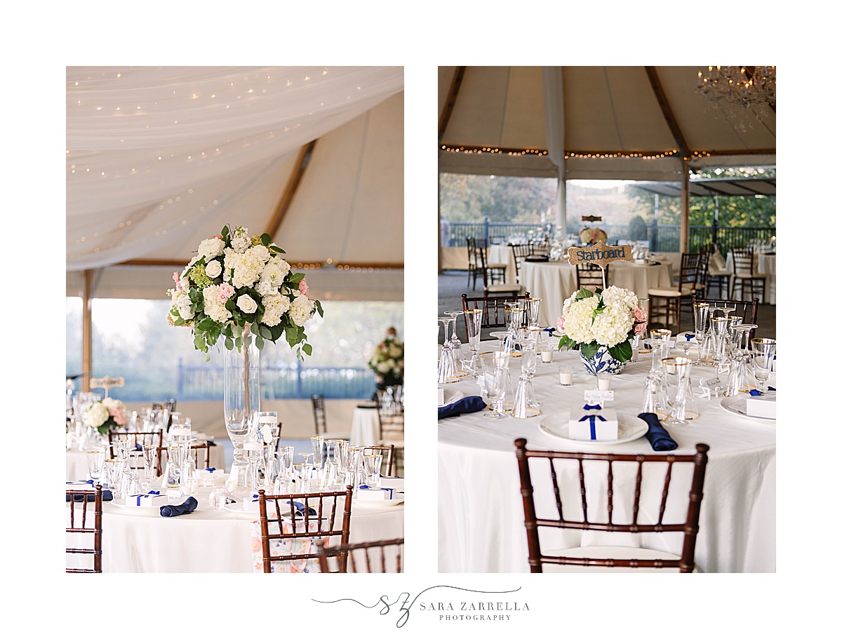 Castle Hill Inn wedding reception with tall white floral centerpieces