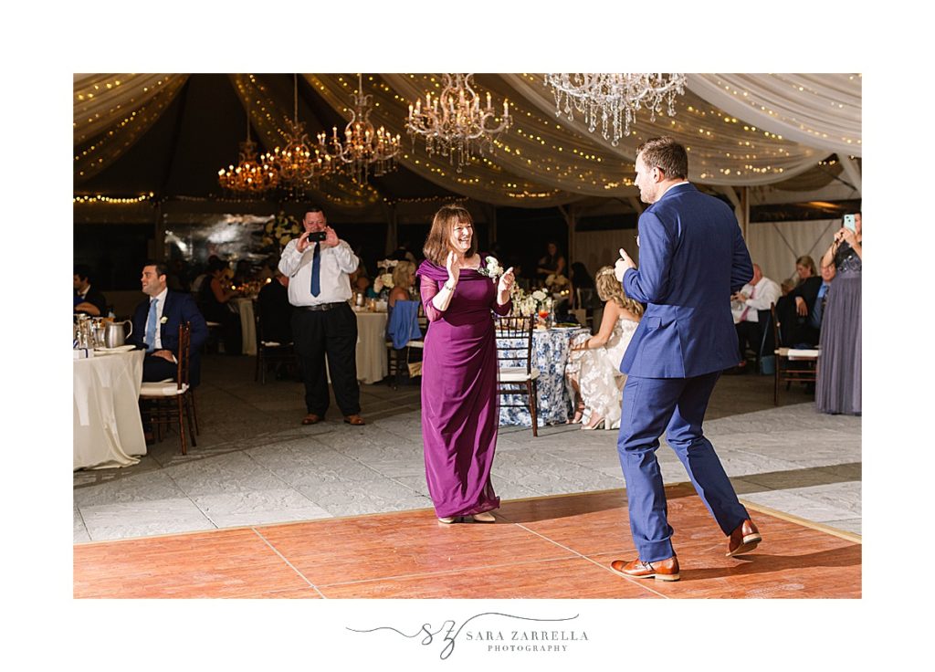 groom and mom dance during RI wedding reception