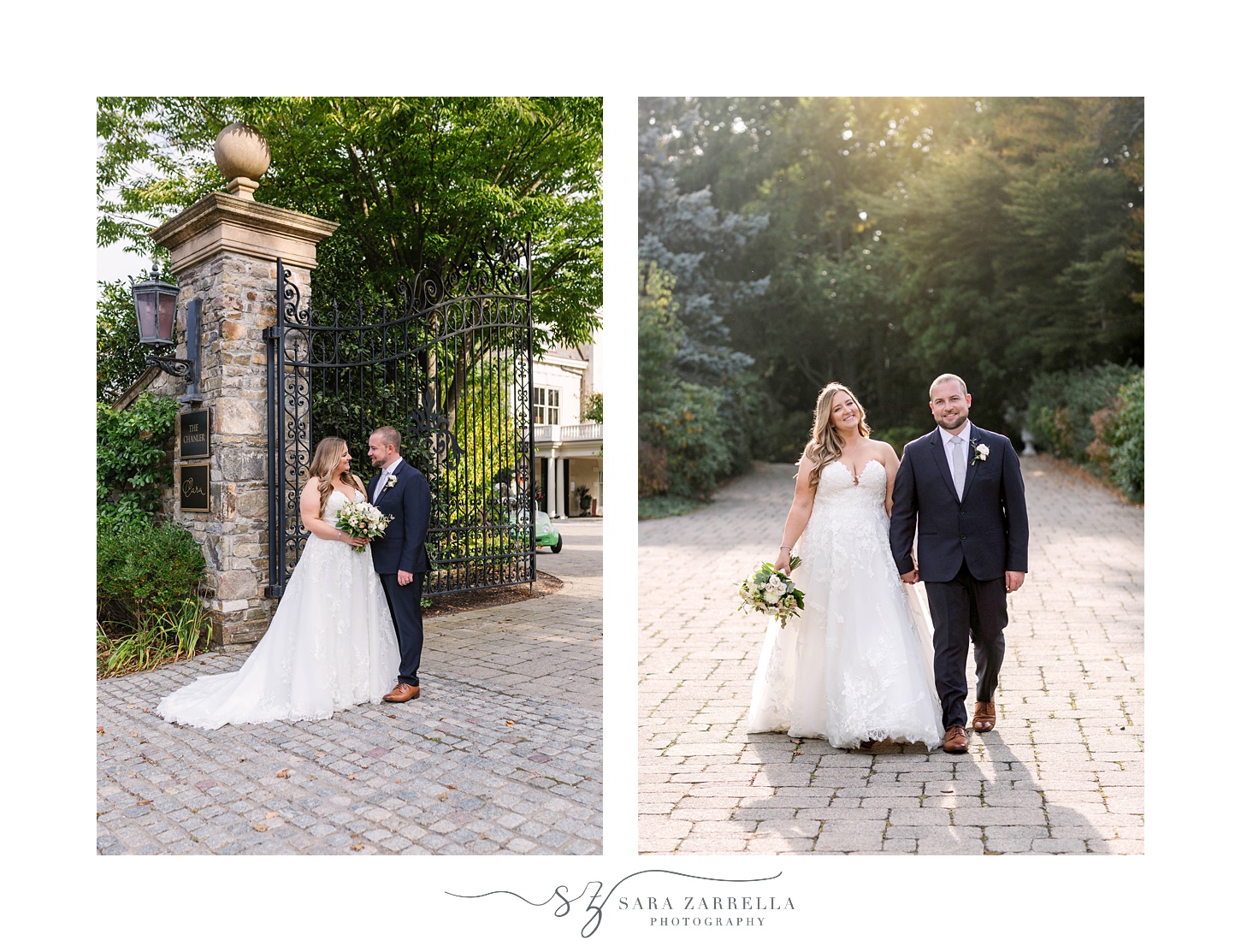 wedding portraits by gate at Chanler at Cliff Walk