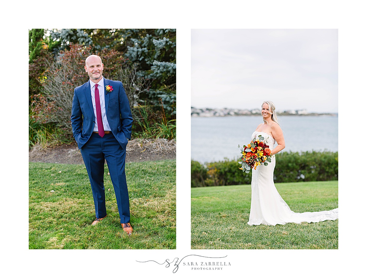 bride and groom pose by waterfront in Newport RI