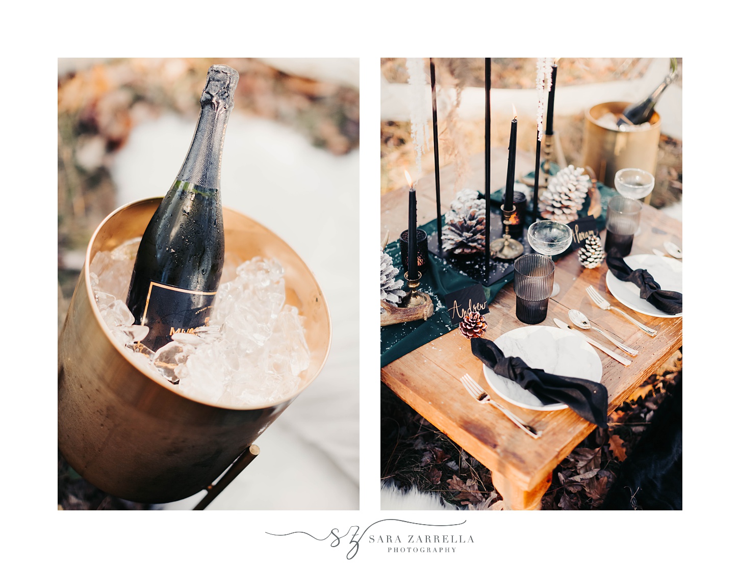 champagne in gold bucket for cozy winter proposal
