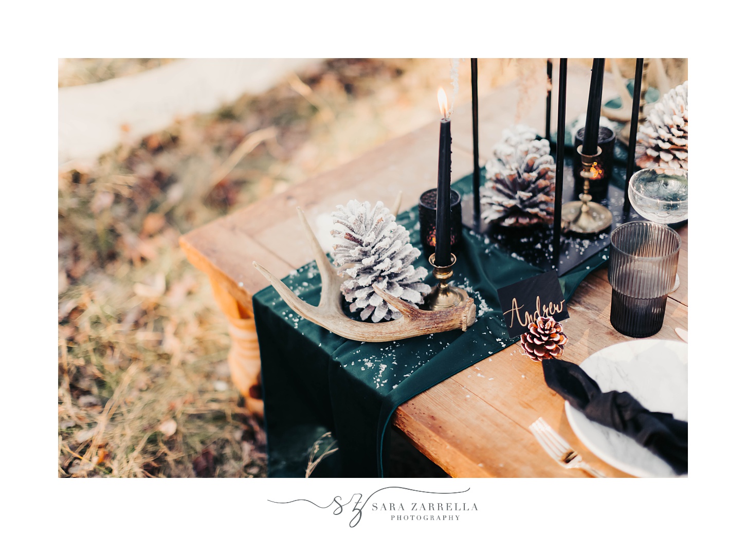 winter decor for reception table at intimate wedding proposal