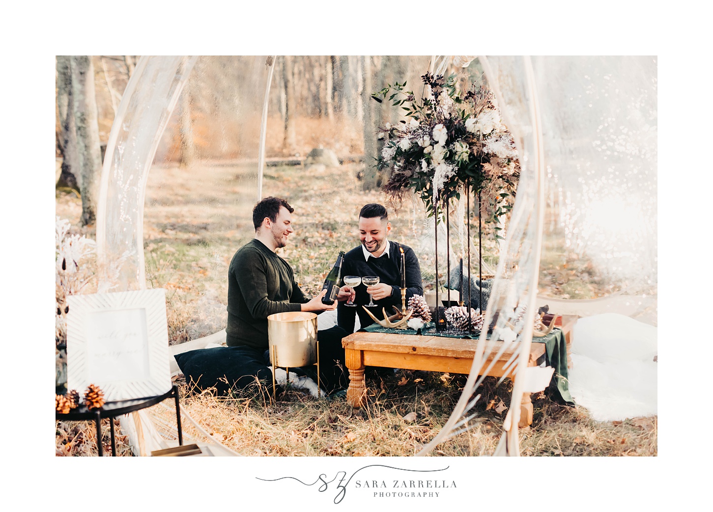 grooms toast engagement during intimate and private celebration at Gerald's Farm