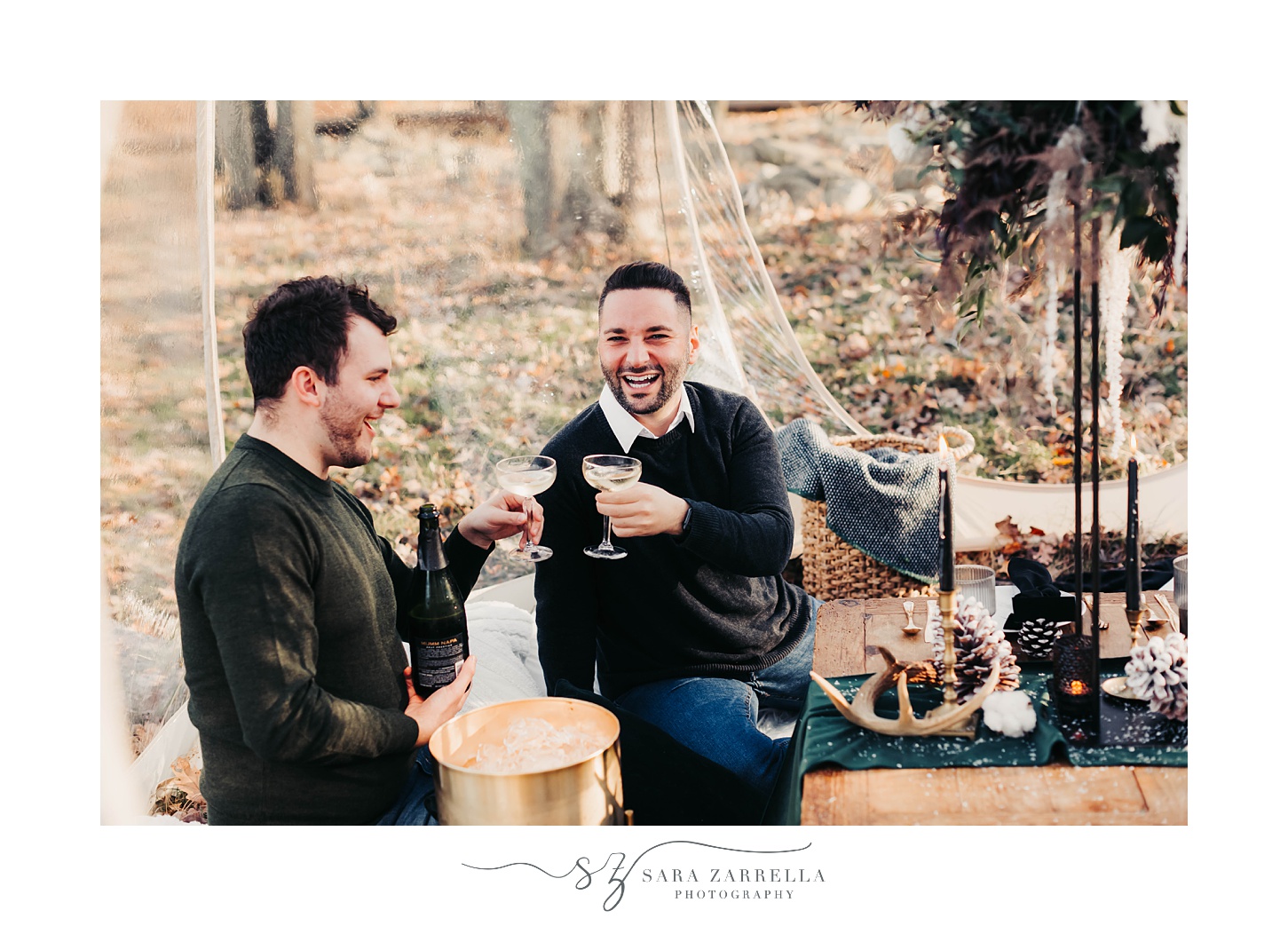 two grooms toast during proposal at Gerald's Farm