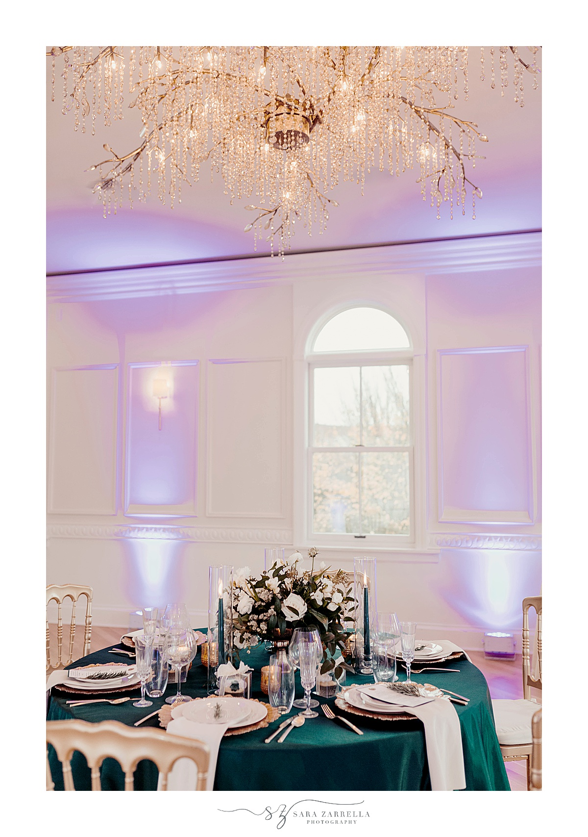 elegant winter wedding reception at Queen Anne's Loft with emerald green details