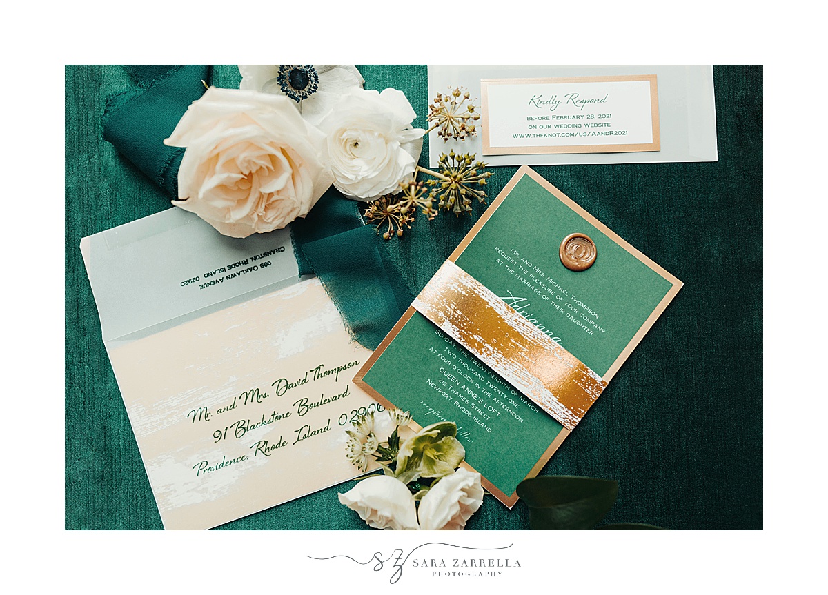 modern winter wedding invitation suite with wax seal