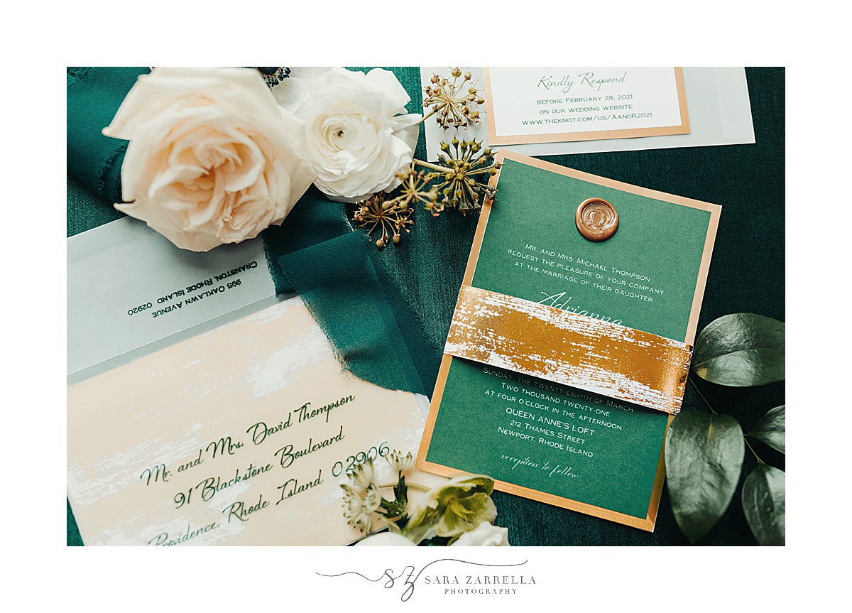 emerald and gold wedding invitations with wax seal