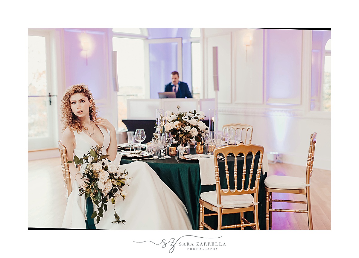 bridal portrait at table in Rhode Island