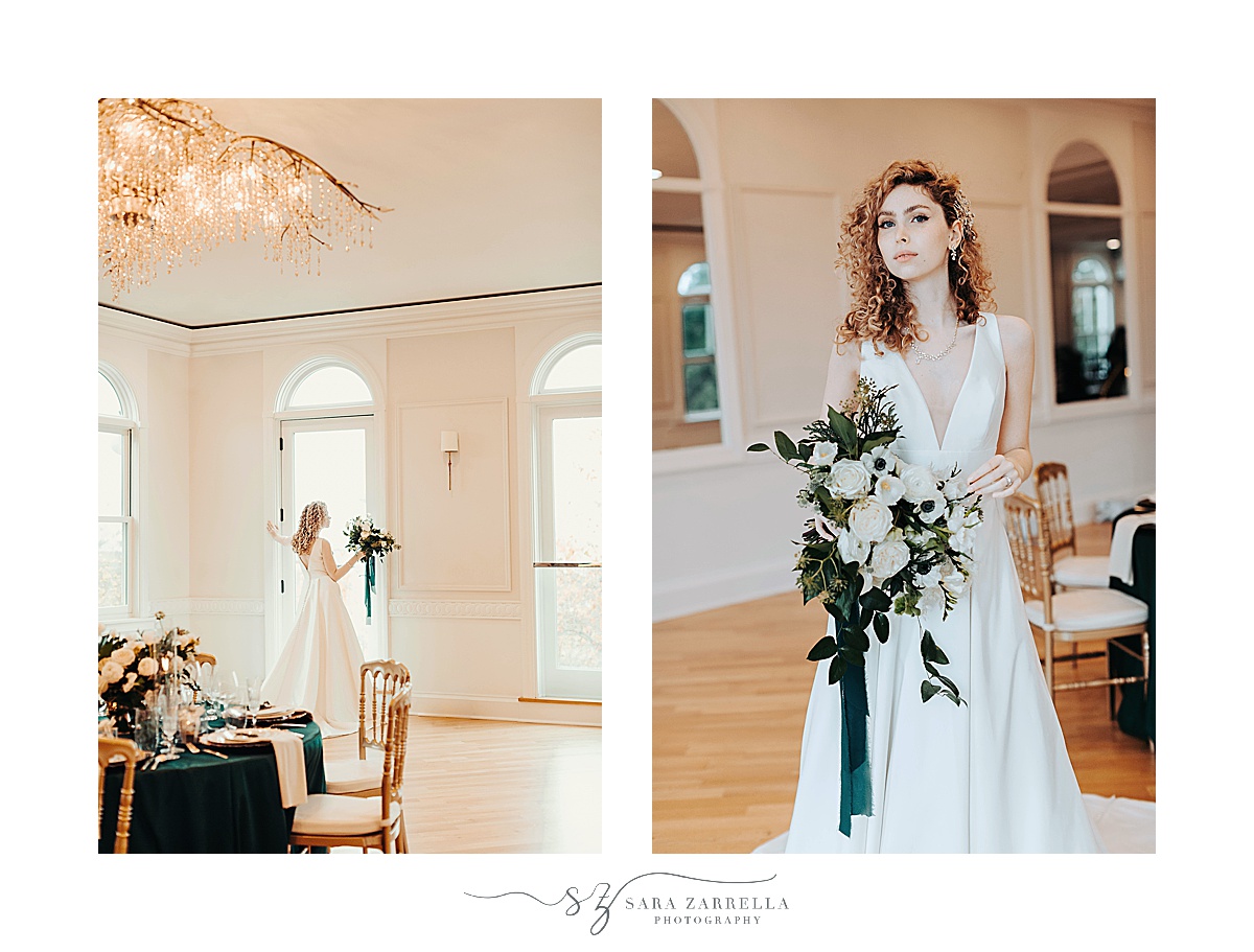 modern winter wedding bridal inspiration including bouquet with emerald ribbon