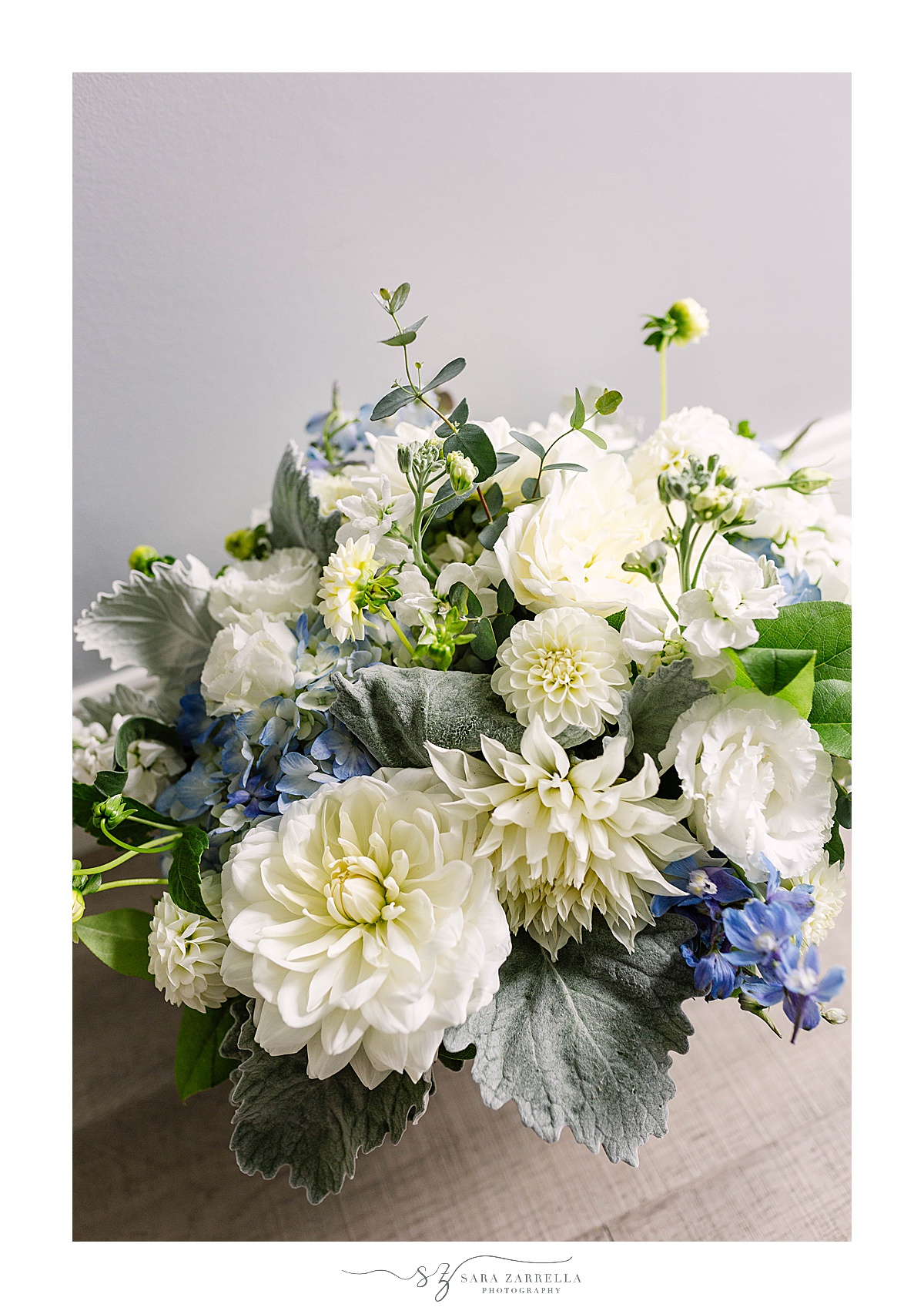 bride's bouquet with blue and white florals