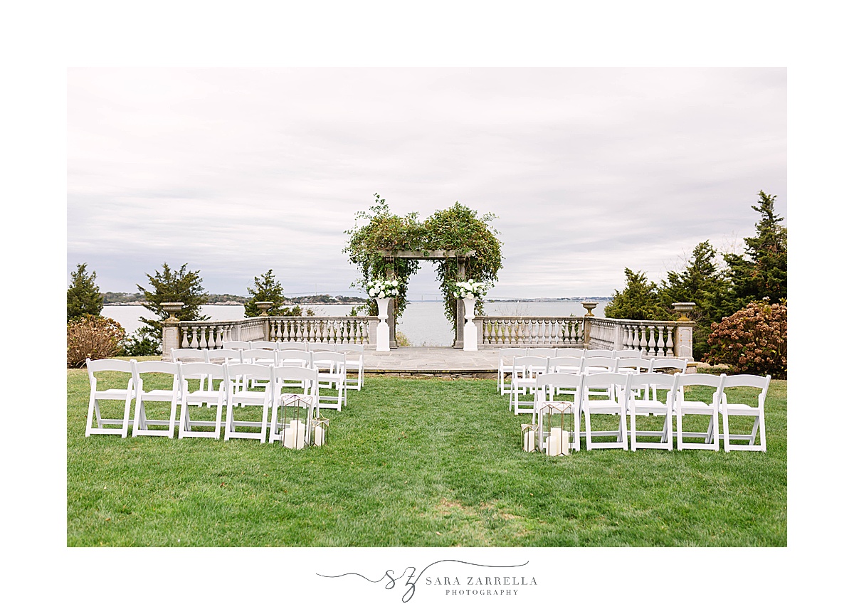 Castle Hill Inn microwedding ceremony setup overlooking water 