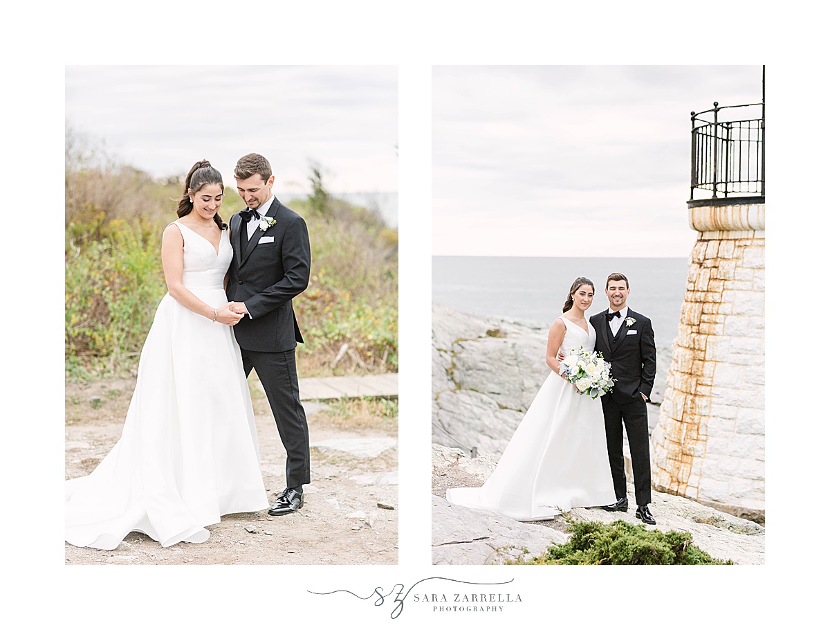 newlyweds pose toeter by Castle Hill lighthouse  