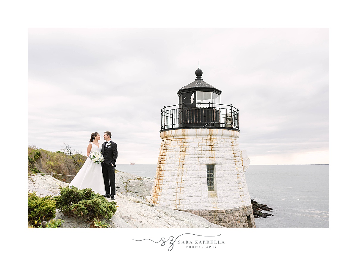 Narragansett Bay wedding portraits by lighthouse