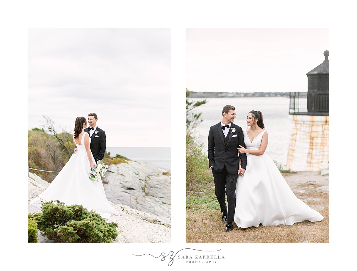 bride and groom walk along Narragansett Bay