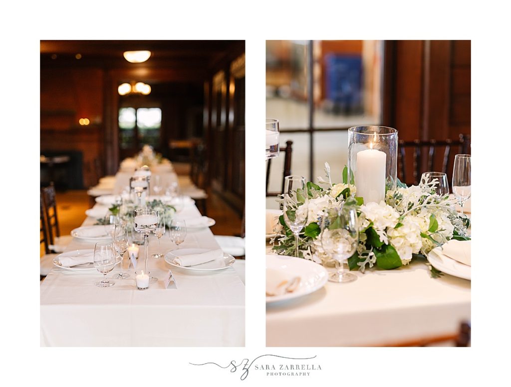 centerpieces with ivory candles and green leaves