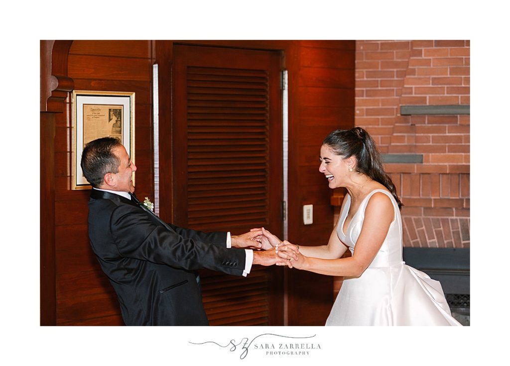 bride and dad dance together at Castle Hill Inn