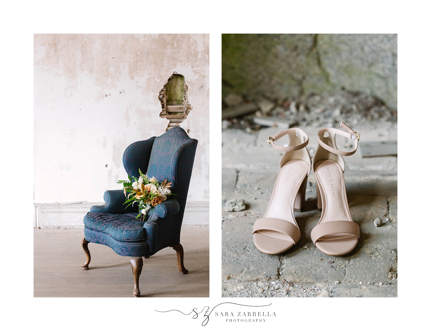 bride's bouquet sits on blue chair and bride's heels