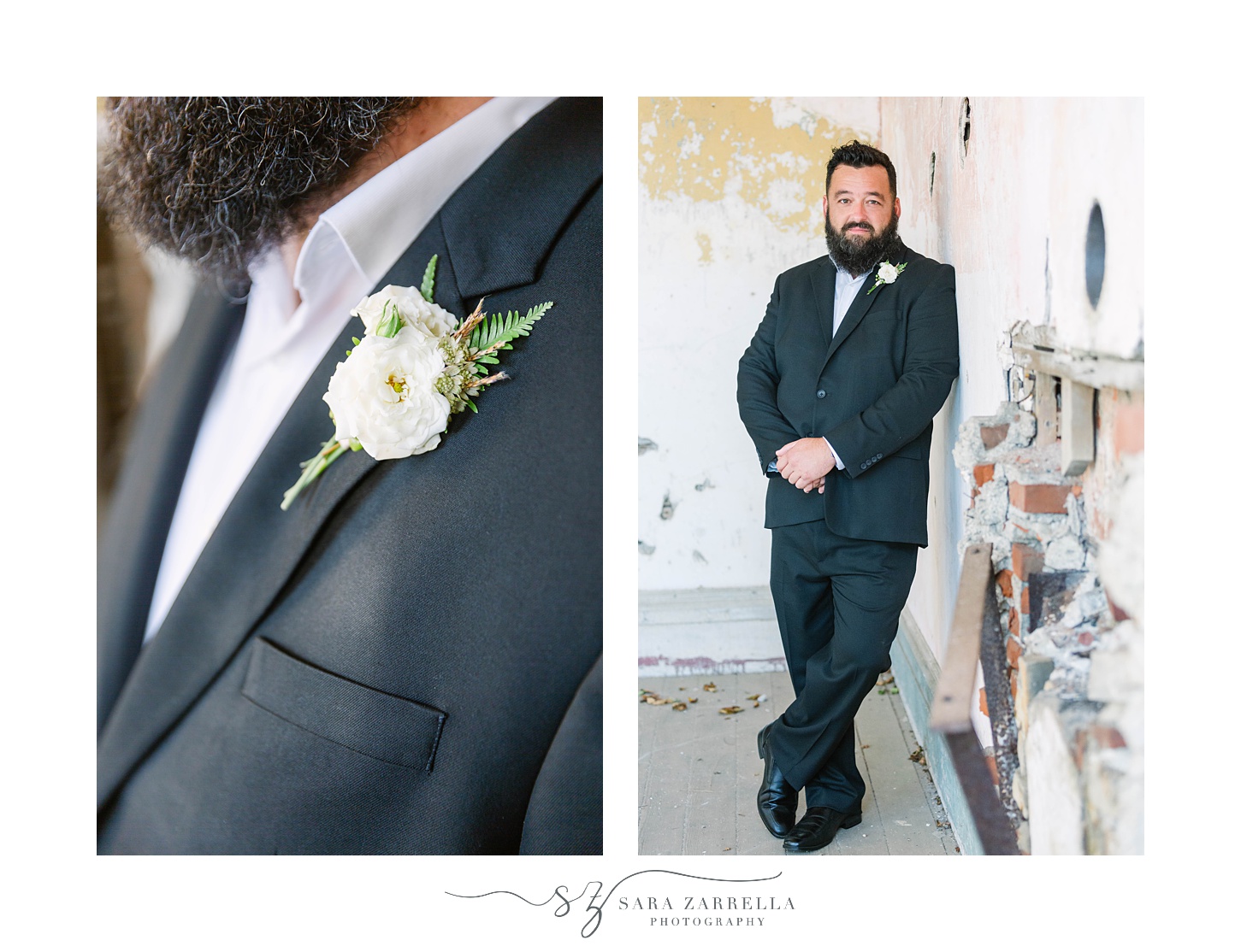 groom poses in grey suit in Fort Adams