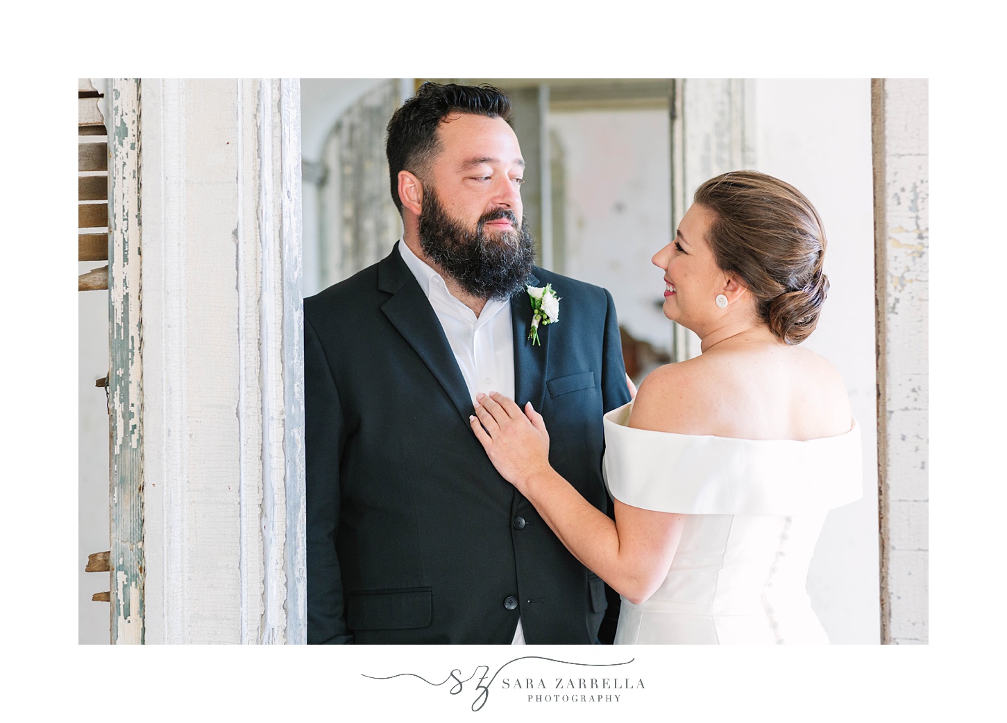 newlyweds pose during elopement portraits in Newport RI