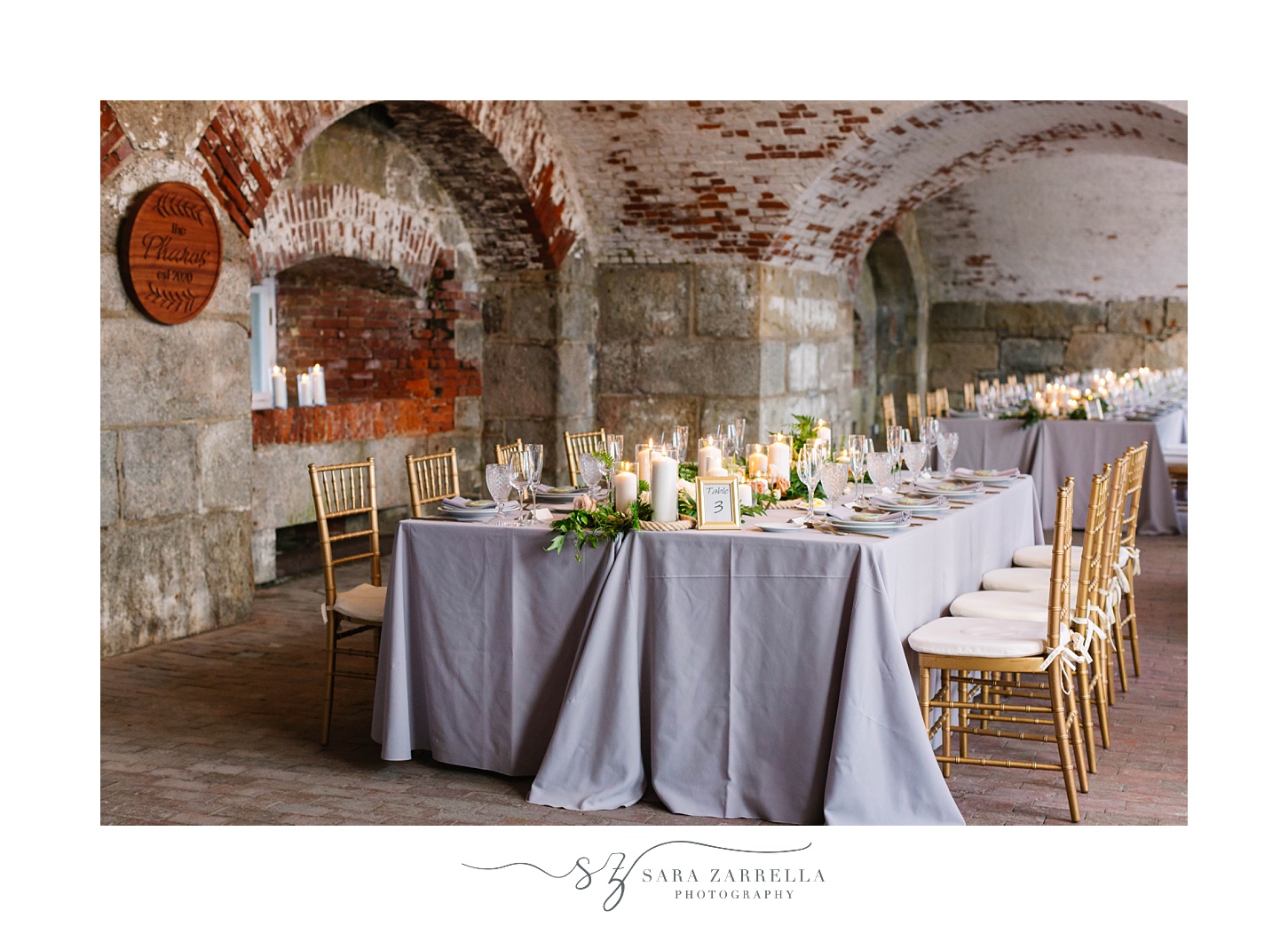 Fort Adams wedding reception details with table runners