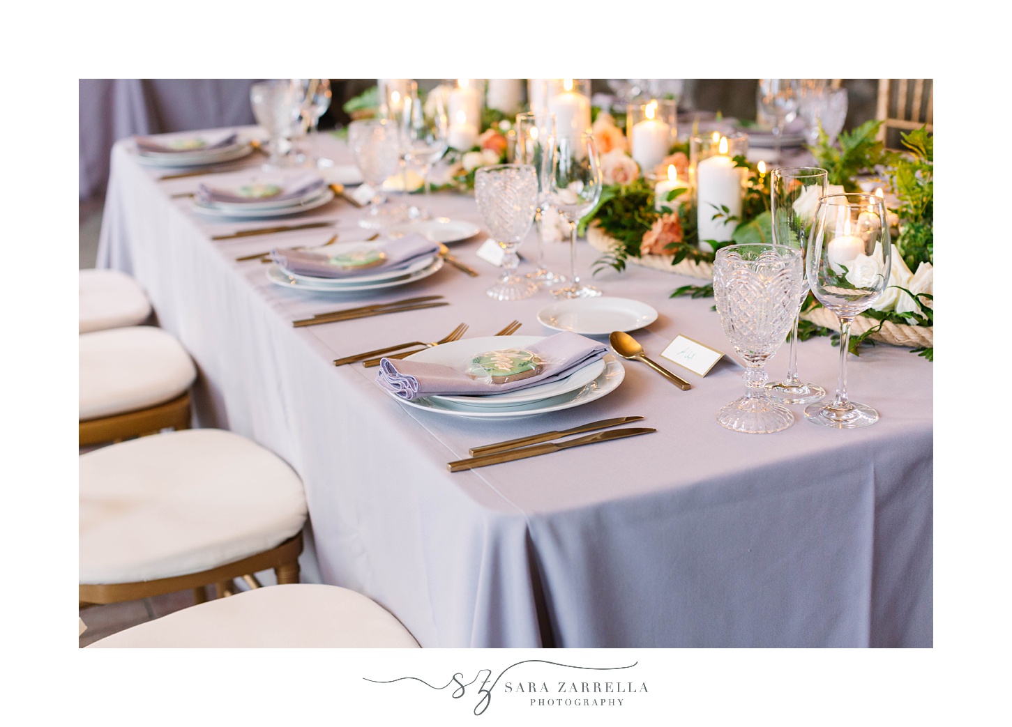 grey tablecloth and floral details for reception underground