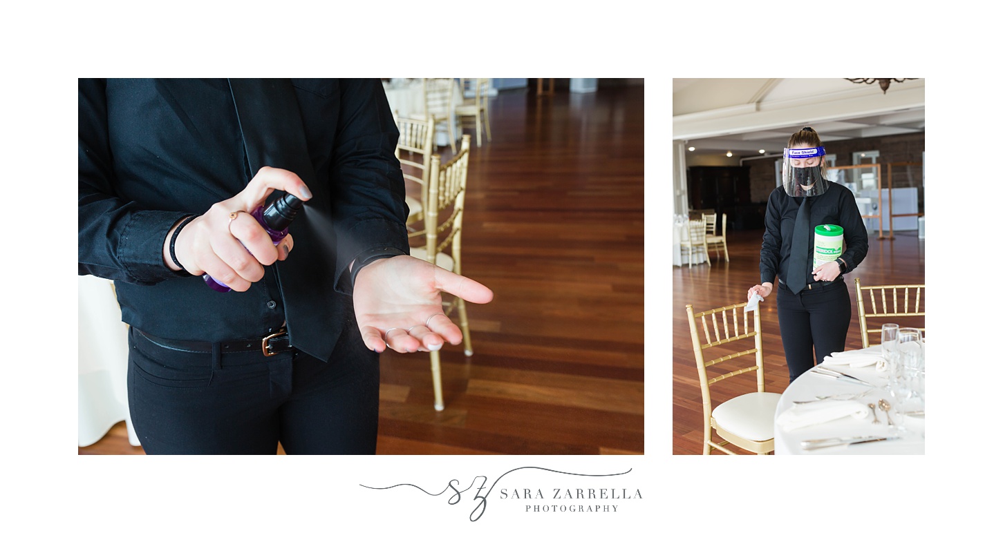 staff cleans hands and chairs during event setup at Mock Wedding at OceanCliff