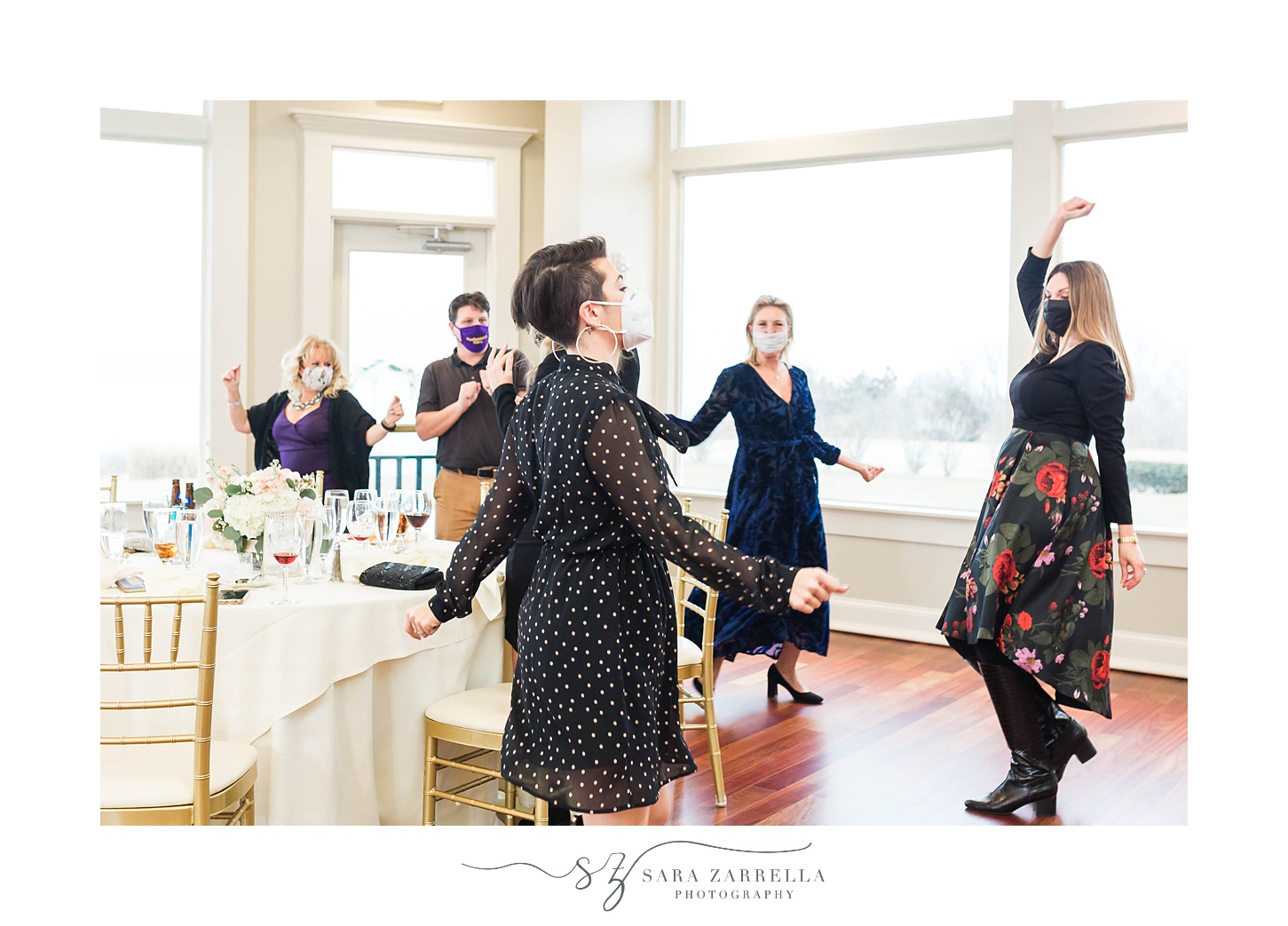 wedding guests dance in pod during Mock Wedding at OceanCliff