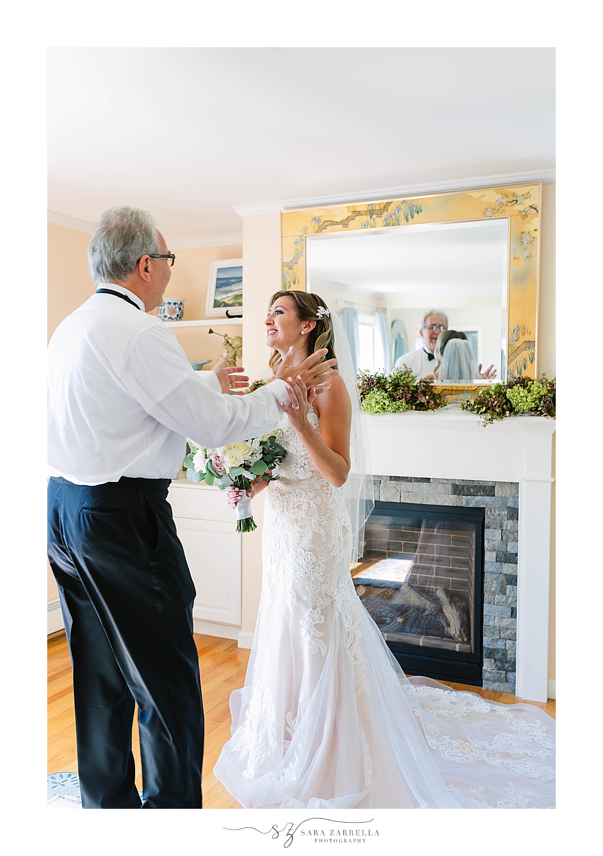 bride's first look with dad before Newport RI wedding
