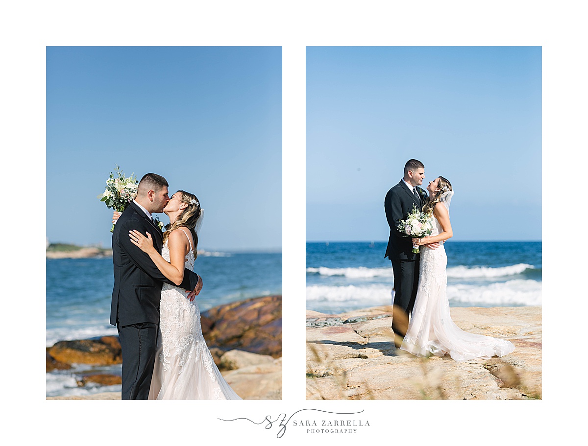bride and groom kiss on cliffside in Newport RI