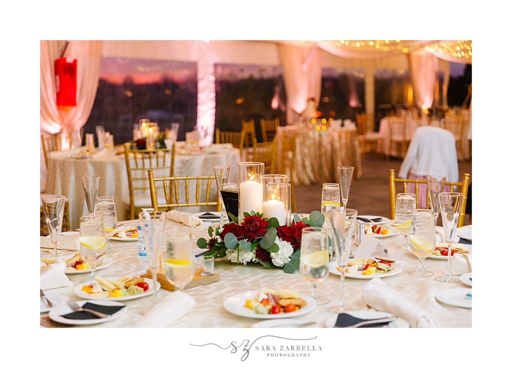 tented wedding reception at Atlantic Resort Newport Wedding with gold and red details for fall wedding