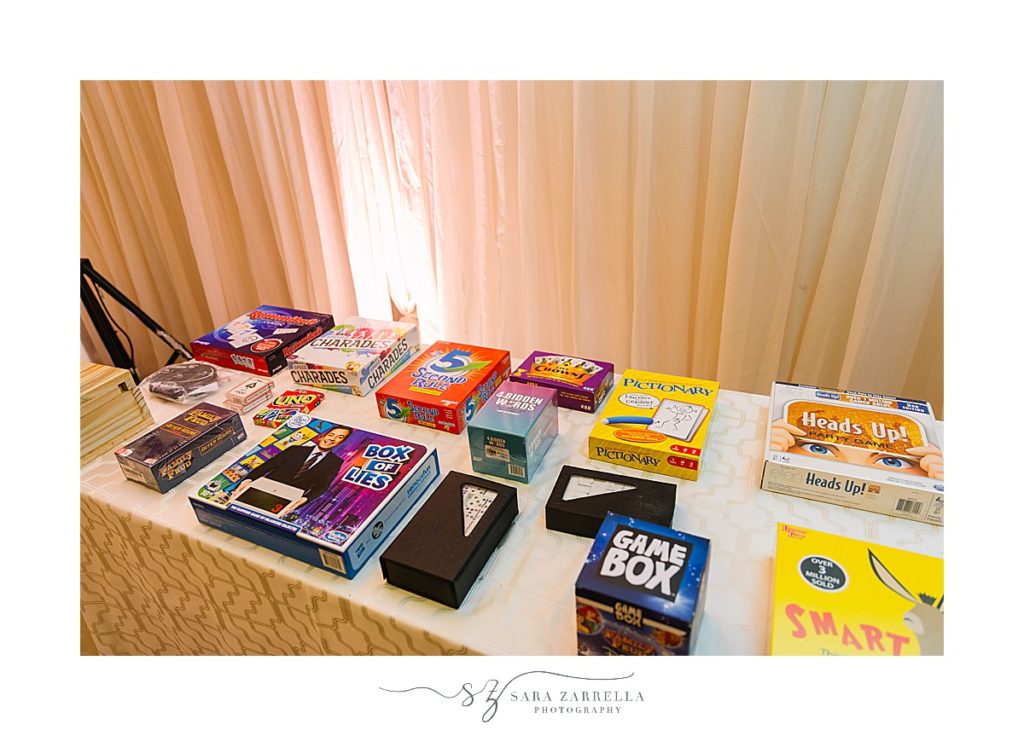 board games on table during RI wedding reception