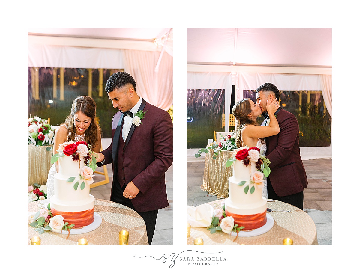 bride and groom cut wedding cake during Atlantic Resort Newport Wedding reception